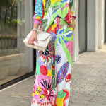 Contrast Color Printed Long Sleeves Buttoned Lapel Blouses Top+ High Waisted Pants Bottom Two Pieces Set