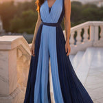 Colorblock Sleeveless Criss Cross Plunge V Neck Jumpsuit Casual Waist Tied Detail Pleated Romper