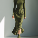 Women's Army Green Stretch Knit High Neck Pleated Slim Fit Maxi Dress