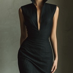 Women's Black Cotton Blend Sleeveless Mini Dress With Deep V-Neck