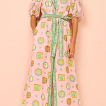 Lantern Sleeves Button Down Tie Waist Printed Midi Shirt Dress