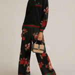Long Sleeves Buttoned Contrast Color Flower Print Split-Joint Round-Neck Sweatshirt Tops