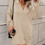 Solid Color Lapel Button Knit Mid Length Sweater Dresses