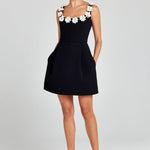 Cindy Faux Pearl Flower Applique Square Neck Pocketed Mini Dress