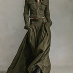 Women's Green Edgy 100% Cotton Zip - Front Cropped Jacket And Maxi Skirt Set