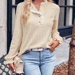 Solid Color Stand Collar Lace Long Sleeve Top Pullover