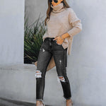 Ripped Stretch Skinny Jeans Mid Waist Distressed Denim Pants
