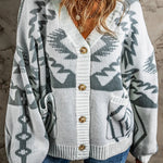 Light Grey Geometric Pattern Ribbed Trim Button Up Cardigan