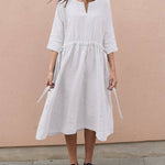 Nadorine Women's Cotton And Linen V-Neck Lace up Pocket 3/4 Length Sleeve Summer Dresses