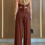 CHICME Women's Cut-out Waist Cami Jumpsuit Backless Tie-Back Lantern Romper Ruched High Waist Summer Jumpsuit