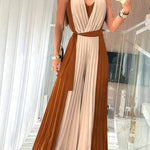 Colorblock Sleeveless Criss Cross Plunge V Neck Jumpsuit Casual Waist Tied Detail Pleated Romper