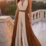 Colorblock Sleeveless Criss Cross Plunge V Neck Jumpsuit Casual Waist Tied Detail Pleated Romper