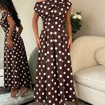 Women's Skew Neck Polka Dot Maxi Dress Ruched A-Line Swing Dress Elegant Party Cocktail Dress with Pockets