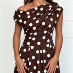 Women's Skew Neck Polka Dot Maxi Dress Ruched A-Line Swing Dress Elegant Party Cocktail Dress with Pockets