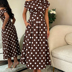 Women's Skew Neck Polka Dot Maxi Dress Ruched A-Line Swing Dress Elegant Party Cocktail Dress with Pockets