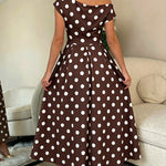 Women's Skew Neck Polka Dot Maxi Dress Ruched A-Line Swing Dress Elegant Party Cocktail Dress with Pockets