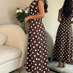 Women's Skew Neck Polka Dot Maxi Dress Ruched A-Line Swing Dress Elegant Party Cocktail Dress with Pockets