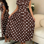 Women's Skew Neck Polka Dot Maxi Dress Ruched A-Line Swing Dress Elegant Party Cocktail Dress with Pockets