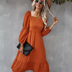 Solid Square Neck Bishop Sleeve Flounce Hem Dress