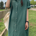 Oversized Button Down Maxi Shirt Dress Short Sleeve Side Split Casual Loose Solid Tunic Dress