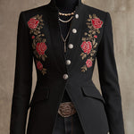 Stand Collar Single-breasted Rose Embroidered Woolen Blazer