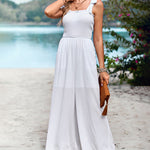 Sleeveless Lace-up Smocked Jumpsuits Solid Loose fit Wide Leg High Wasit Romper