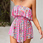 Off Shoulder Jumpsuit Floral Print Strapless Elastic Waist Wide Leg Shorts Romper Dress