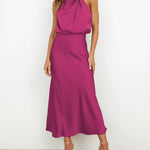 Long Formal Satin Dress Mock Neck High Neck Evening Dress