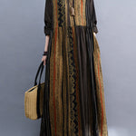 Vacation Loose Long Sleeves Contrast Color Printed Round-Neck Midi Dresses