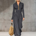 Casual Retro Sports Dark Gray Half-high Collar Front Zipper Long-sleeved Top And Wide Pants Set