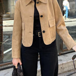 Lapel Button Up Pocketed Faux Suede Crop Jacket