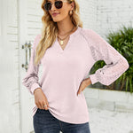 Nadorine V Neck Tops Solid Color Blouse Long Sleeve Pullover Lace Patchwork Shirt