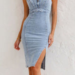 This Seasons Staple Denim Adjustable Straps Zip-up Firm Stretch Midi Dress