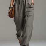 Vintage Cotton And Linen Straight-leg Jumpsuit With Ruffled Neckline