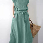 Long Maxi Crew Neck Dress with Belt High Waist with Pockets Conton Dress
