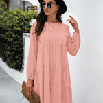 Long Puff Sleeve Shirt Dress Casual Crewneck Loose Fit Sundress Trendy Tiered Layer Summer Mini Dresses