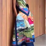Seaside Holiday Satin Unique Print Knotted Scarf Top and Elastic Waist Loose Maxi Skirt Set