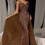 Evening Gown Dark Brown Sequined Lace Tulle Overskirt Mermaid Maxi Dress