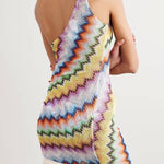 Eline Knit Colorful Zigzag PatternOne Shoulder Ruched Tassle Trim Mini Dress