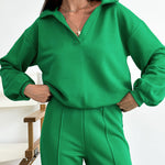 Nadorine Casual Two-Piece Set V-neck Fleece Sweatshirt High-waisted Wide-leg Pants