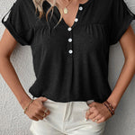 Solid Button V Neck Short Sleeve Top