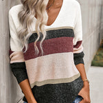 Striped Color Contrast Long Sleeve V-Neck Knit Sweater