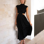 Stand Collar Solid Color Hollow Waist Long Dress