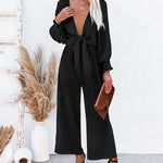 Wide Leg Casual Long Sleeve Solid Color Bowknot V Neck Jumpsuit