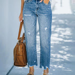 High Waisted Straight Leg Ripped Boyfriend Jeans Frayed Ankle Denim Pants