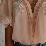 Boho Floral Embroidered Chiffon Blouse