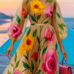 Loose Puff Sleeves Flower Print See-Through Round-Neck Midi Dresses