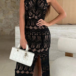 Paulette Unique Lace Halter Backless Slit Stretch Midi Dress