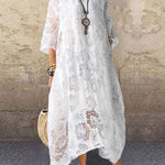 Nadorine Women's 3/4 Sleeve Floral Lace Mesh Crew Neck Long Dress