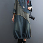 Original Loose Denim Contrast Color Round-Neck Long Sleeves Midi Dress